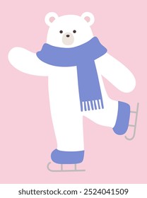 Vector illustration of a polar bear skating. Winter, scarf, polar bear, polar bear