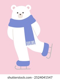 Vector illustration of a polar bear skating. Winter, scarf, polar bear, polar bear