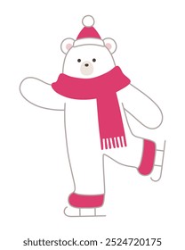 Vector illustration of a polar bear skating. Winter, scarf, hat, Christmas