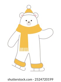 Vector illustration of a polar bear skating. Winter, scarf, hat, Christmas