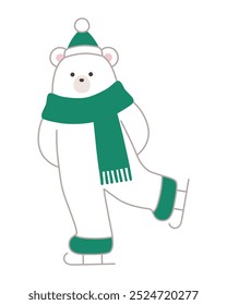 Vector illustration of a polar bear skating. Winter, scarf, hat, Christmas