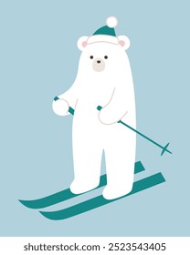 Vector illustration of a polar bear skiing. Winter, scarf, hat, Christmas