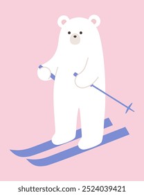 Vector illustration of a polar bear skiing. Winter, scarf, polar bear, polar bear