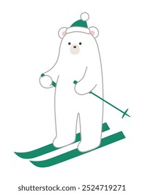 Vector illustration of a polar bear skiing. Winter, scarf, hat, polar bear, polar bear, Christmas