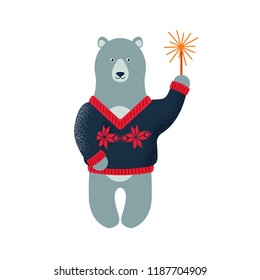 Vector illustration of a  polar bear with a sparkler in a sweater with a pattern isolated on white. Christmas illustration. Ugly sweater party