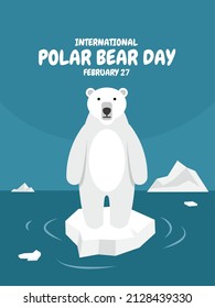 Vector illustration, polar bear standing on a shrinking iceberg, as International Polar Bear Day banner.