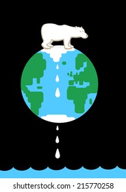 A Vector Illustration Of A Polar Bear Standing On Top Of The Arctic Ice Cap, Which Is Melting And Dripping Off Earth. A Metaphor On Global Warming.