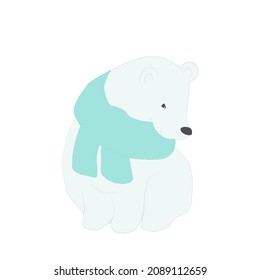 Vector illustration of polar bear in a turquoise scarf isolated. Sweet flat bear