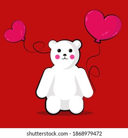 Vector illustration of a polar bear with two pink balloons in the shape of hearts on a red background.