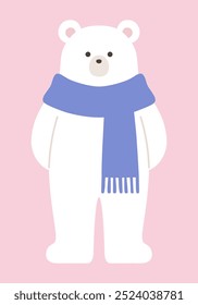 Vector illustration of a polar bear wearing a scarf. Winter, polar bear, standing