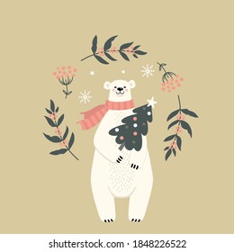 vector illustration with polar bear and winter decor, for the new year holidays on a beige background close-up