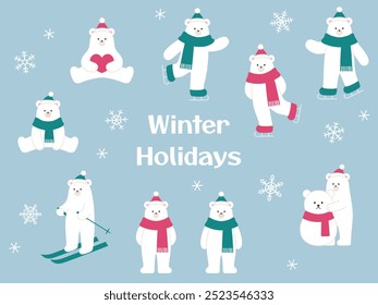 Vector illustration of a polar bear in winter. Scarf, hat, skiing, skating, Christmas