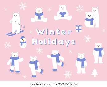 Ilustração vetorial de um urso polar no inverno. Lenço, esquis, patins e flocos de neve