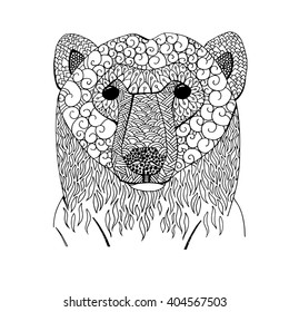 Vector illustration of a polar bear's head filled with spirals, circles, dots, waves. 