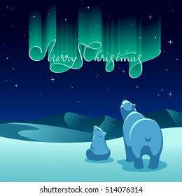 Vector illustration - polar bears look at the northern lights which have the shape of Merry Christmas lettering