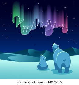 Vector illustration - polar bears look at the northern lights which have the shape of Happy New Year lettering