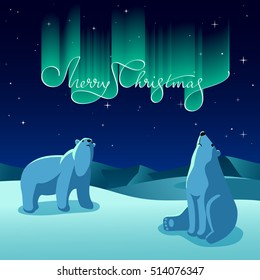 Vector illustration - polar bears look at the northern lights which have the shape of Merry Christmas lettering