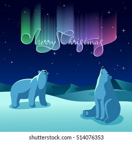 Vector illustration - polar bears look at the northern lights which have the shape of Merry Christmas lettering