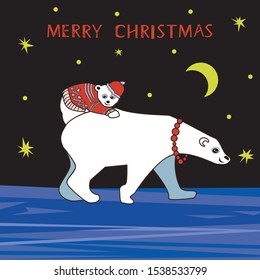 A vector illustration with polar bears in a sweater and hat. A Mom with a baby in smart suits on her back on New Year's or Christmas night.