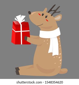Vector illustration of a polar deer in a Christmas scarf with red gift or present, drawn in a Scandinavian cartoon style. Childish illustration for New Year.