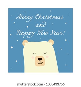 Vector illustration with polar white bear cub face. Merry Christmas and Happy New Year. Arctic animal. Flat design. Greeting card print. Blue background