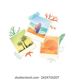 Vectorillustratie met polaroidfoto's op een lichte achtergrond. Zomervakantie. Mariene thema en recreatie.