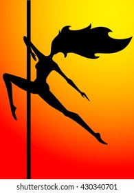 vector illustration pole dance girl black silhouette on red orange background