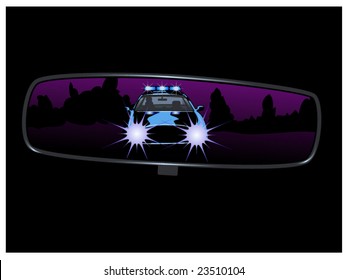 Vector Illustration Of A Police Car Chase Seen Through A Rear View Mirror... Some Clipping Masks Used