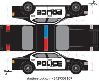 ilustración vectorial de un recorte de coche de policía. Hecho para ser impreso en papel grueso, cortado y doblado a la forma de un coche de policía.