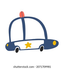 Vector illustration of police car isolated on white background in cartoon hand drawn style. Childish transport icon for nursery, baby apparel, textile and product design, wallpaper, wrapping paper