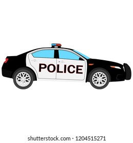 Vector illustration. Police car side view isolated on white background. Police transport