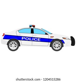 Vector illustration. Police car side view isolated on white background. Police transport