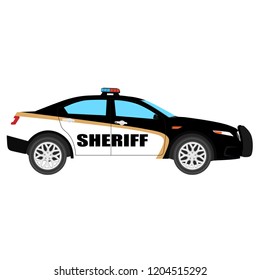 Vector illustration. Police car side view isolated on white background. Police transport. Sheriff car