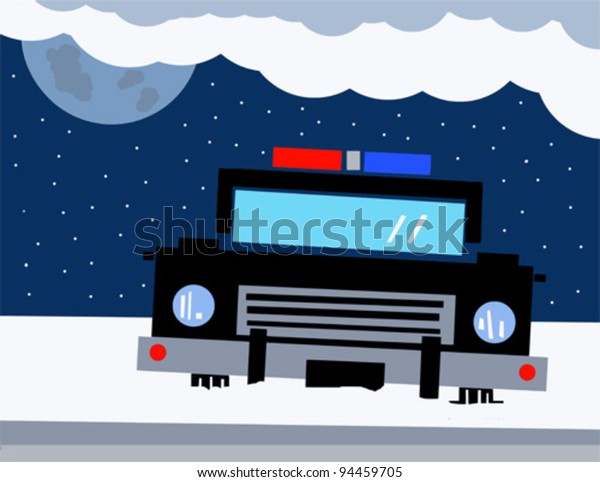 vector illustration of police car stuck in the\
snow with moon in\
background