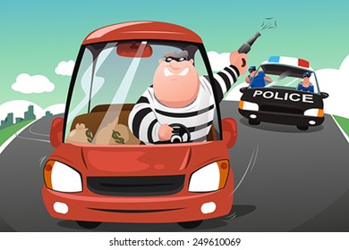 A vector illustration of police chasing criminals in a car on the highway