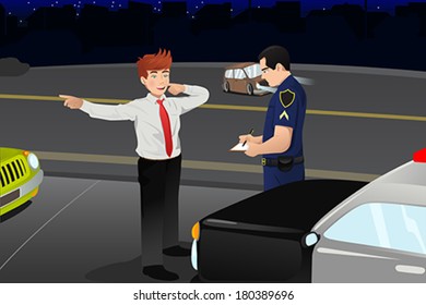 A vector illustration of police conducting a DUI test for a drunk driver