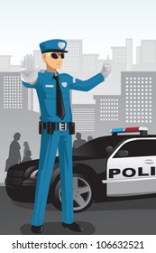 A vector illustration of a police officer managing the traffic