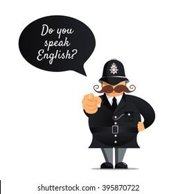 Vector illustration - Police officer pointing at you. Do you speak english concept. Concept of learning English.