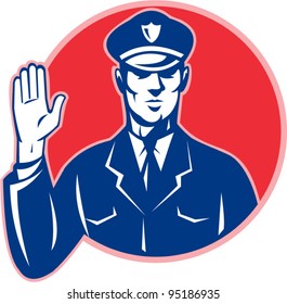 vector Illustration of a police officer policeman with hand signal stop set inside circle done in retro style.