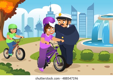 A vector illustration of Police Officer Putting on Helmet on a Kid Riding a Bike