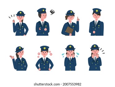 Vector illustration of police officers. 8 emotions