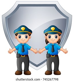 Vector illustration of Police officers kids with big shield metal
