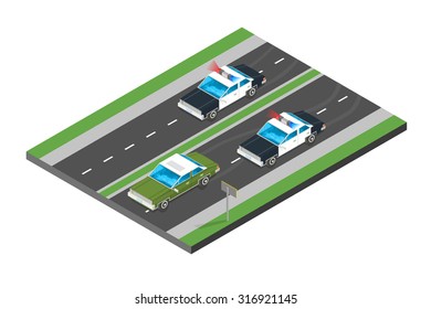 A vector illustration of police in pursuit of a criminal with a stolen car.
Isometric Police Chase illustration Icon.
Law enforcement speeding after criminal.