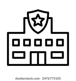 Vector illustration of a police station building icon in black and white, suitable for law enforcement and security designs. Editable stroke.