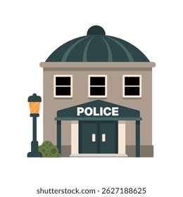 Vector illustration of a police station building with dome roof, street lamp, windows, and double door entrance in flat style.