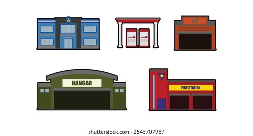 Vector Illustration Of Police Station, Gas Station, Workshop, Hangar, Airport,  Fire Station