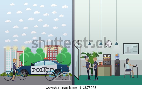 Vector Illustration Police Station Interior Staff Stock