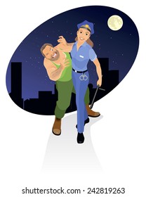Vector illustration of a policeman arresting criminal