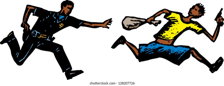 Vector illustration of policeman chasing street criminal with handgun