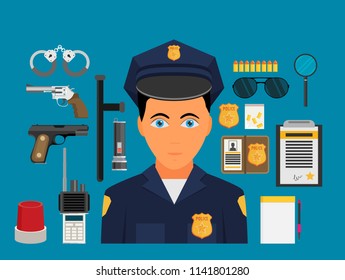 Vector illustration with policeman. Flat style. Elements for infographic.